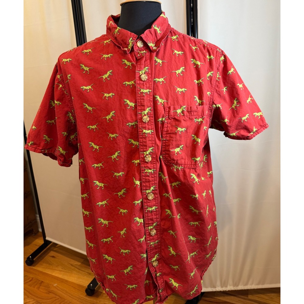 Duluth Trading Co Untucked Mens 2XL Slim Fit Red Dinosaur T-Rex Print Shirt